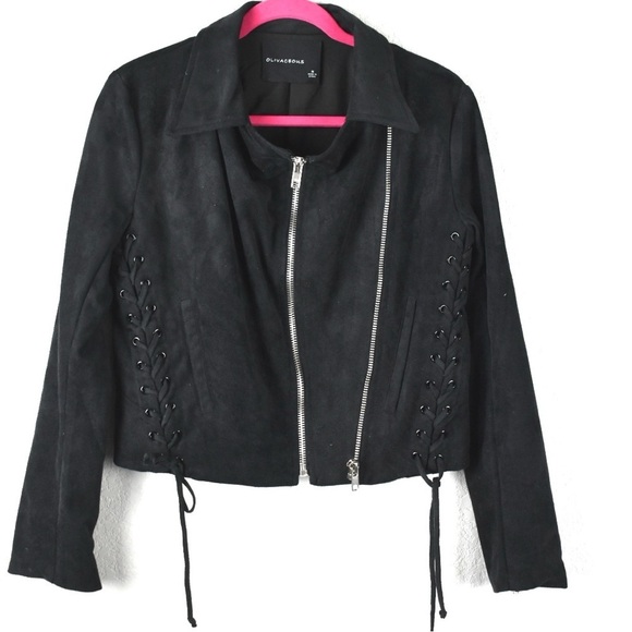 Olivaceous Jackets & Blazers - Olivaceous Black Faux Suede Lace Up Moto Jacket Women's Size M